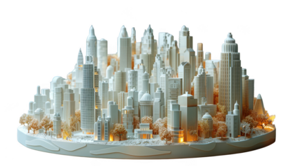 Miniature white cityscape with illuminated windows, isolated on transparent background