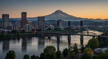 Portland skyline with bridges Mount Hood