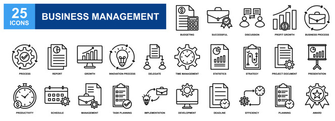 Business Management icon set collection. Containing design Budgeting, Strategy, Productivity, Profit Growth, Business Process