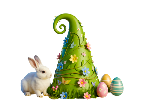 Easter bunny with decorated tree and eggs isolated on transparent background - Powered by Adobe