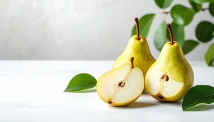 Fresh Pears and Slices Rest on White Background