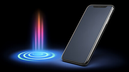 Smartphone hovering above a glowing circular energy field with vertical light beams in a dark environment
