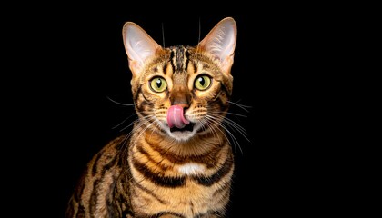 Adorable feline with spotted coat, pink tongue out