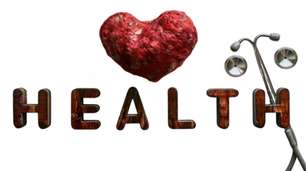 Heart symbol with the word health and a stethoscope isolated on transparent background