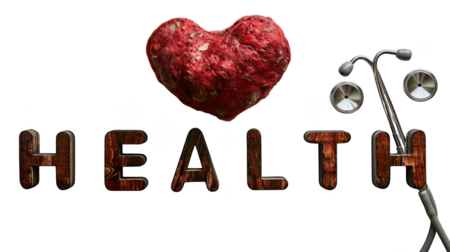 Heart symbol with the word health and a stethoscope isolated on transparent background