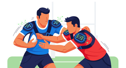 Rugby players tackling while wearing advanced smart gear with glowing green sensors.