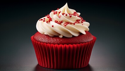 close up of a red velvet cupcake with a white frosting on top the cupcake is in a red paper liner and is placed on a black surface
