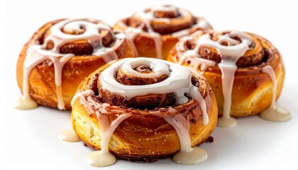 Cinnamon Rolls with White Icing on White Background Isolated