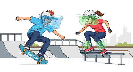 Obraz premium Cartoon boy and girl skateboarding with futuristic VR guide headsets, learning a kickflip and rail grind.
