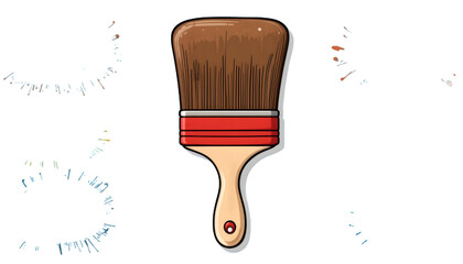 A cartoonstyle illustration of a flat paintbrush with a light wood handle, red ferrule, and brown bristles, isolated on a transparent background