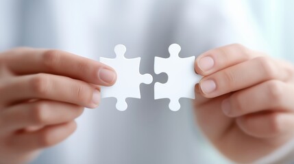 Close up of hands holding puzzle pieces symbol of teamwork collaboration and business success.