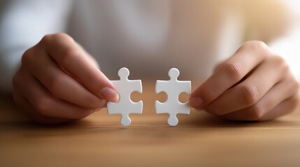 Hands holding puzzle pieces symbol of business collaboration and teamwork on light background.