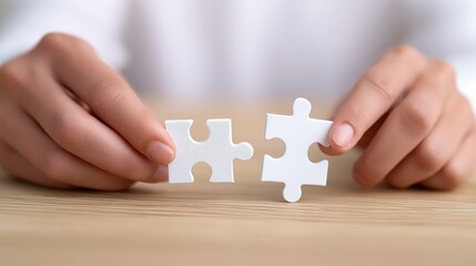 Hands connecting puzzle pieces symbol of unity teamwork and business collaboration.