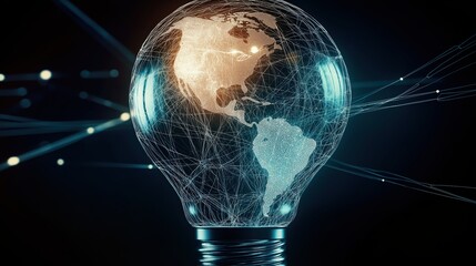 A hyper-realistic futuristic light bulb encapsulates a glowing globe interwoven with an electric power network—symbolizing global energy connectivity and innovation.
