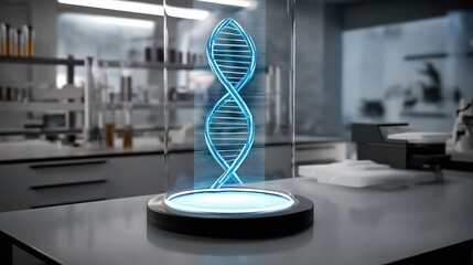 Photorealistic genetic laboratory with DNA helix hologram, lab equipment like centrifuge and microscope, futuristic glass design, cool lighting, and cinematic depth of field.