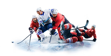 Isolated image on white. Professional sport. Hockey. Professional ice hockey players on defending...