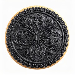 Obraz premium Ornate Black Frosted Cookie with Elaborate Floral Design on White Background