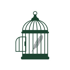 Green open birdcage with grey feather inside, minimal style design