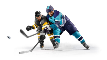 Professional sport. Hockey. Professional ice hockey players on defending position on the rink. Hockey players in action. Isolated image on white