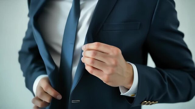 Businessman wearing a suit, showcasing professional attire with hands adjusting button. Professional attire is essential for confidence and making a strong first impression,
