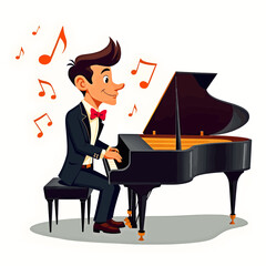 A cartoon musician plays the grand piano