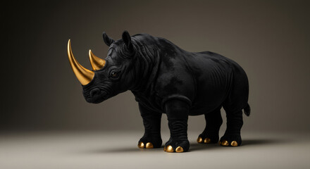 Obraz premium Luxurious Black Rhinoceros Statue Featuring Golden Horn and Hooves in a Minimalist Studio