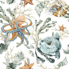Watercolor seamless pattern with sea life – starfish, shells, octopus, corals, and seaweed. Ideal for textiles, wallpaper, beach and tropical designs, coastal interiors, and nautical decoration