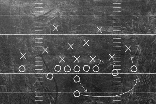Scheme of football game on chalkboard background. Championship concept.