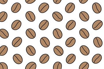 Pattern of brown coffee beans scattered over a white background for textile or wallpaper design