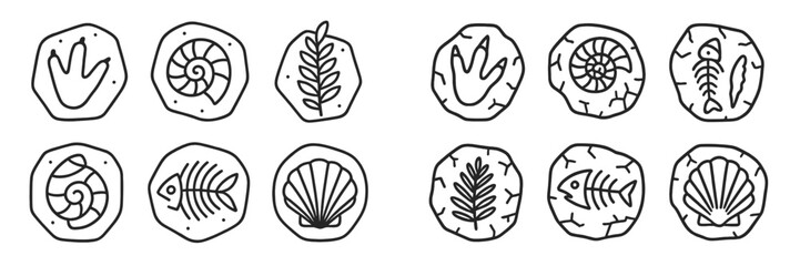 Hand-drawn designs of various sea life and plant symbols on textured stones arranged in two rows