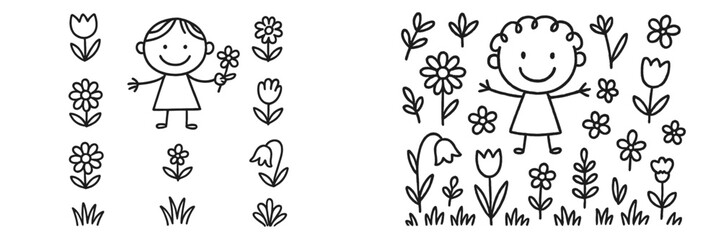 Two children enjoying a spring day in a garden filled with colorful flowers and plants with smiles on their faces