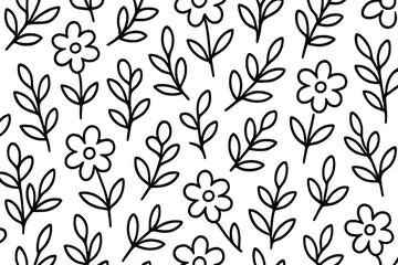 Simple black and white floral pattern featuring flowers and leaves for design projects