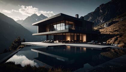 Fototapeta premium Modern luxury home with an infinity pool overlooking majestic mountain scenery.