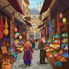 Fototapeta premium Illustrated scene of a market bazaar leading to a mosque with people browsing goods