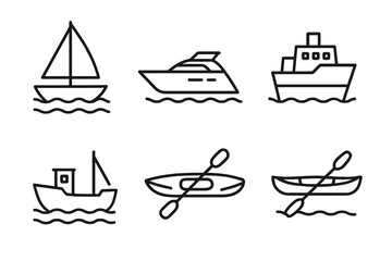 Set of nautical icons: sailboat, yacht, cruise ship, fishing boat, canoe, kayak