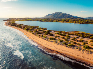 Ionian Islands Corfu in Greece. View of the breathtaking Halikounas Beach and Lake Korission.