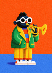 Musician, trumpet, musician, quirky illustration, african, american, new Orleans, cartoon om, flat illustration style