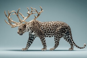 Obraz premium Surreal Wildlife: Majestic Leopard with Stag Antlers on Blue Background