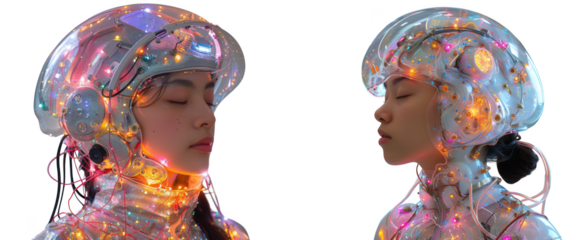 Two futuristic women wearing helmets adorned with colorful lights, isolated on transparent background