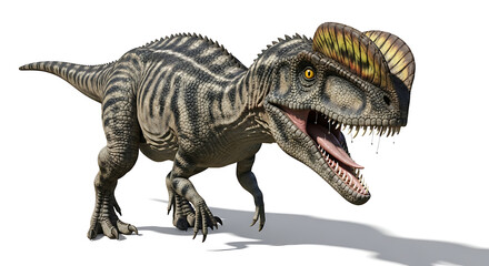 Obraz premium A detailed illustration of a Dilophosaurus dinosaur, with its distinctive crests and menacing expression. This image showcases the prehistoric creature's features in a photorealistic manner. 