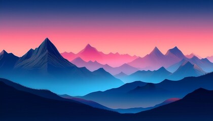 digital art piece that appears to be a landscape photograph of a mountain range the mountains are silhouetted against a dark blue sky and the peaks are covered in a gradient of pink and blue hues