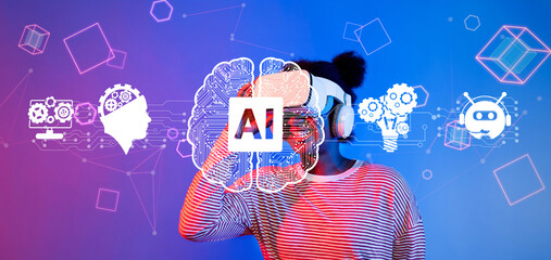 A woman experiences virtual reality with a headset, immersed in a digital landscape representing artificial intelligence and innovation. Explore the intersection of technology. XDMCP