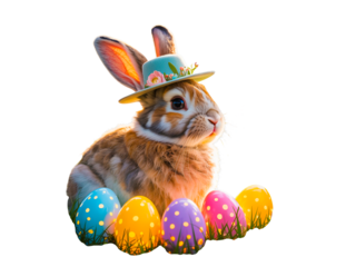 Easter bunny isolated on transparent background with hat and colorful eggs