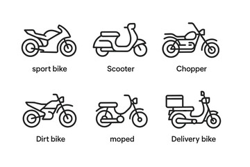 Obraz premium Motorcycle types: sport, scooter, chopper, dirt bike, moped, delivery bike icons