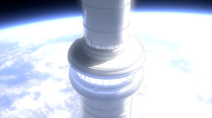 A futuristic space elevator structure extending from Earth into orbit, illuminated by sunlight against the planet's curvature.