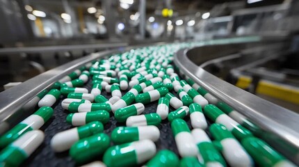 Capsules flowing smoothly along conveyor belt in a pharmaceutical production facility, showcasing the continuous manufacturing process of medication