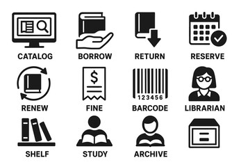 Library icons: catalog, borrow, return, reserve, renew, fine, barcode, librarian, archive, study