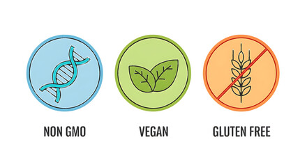 Three circular icons for food labeling isolated on a transparent background vegan 1