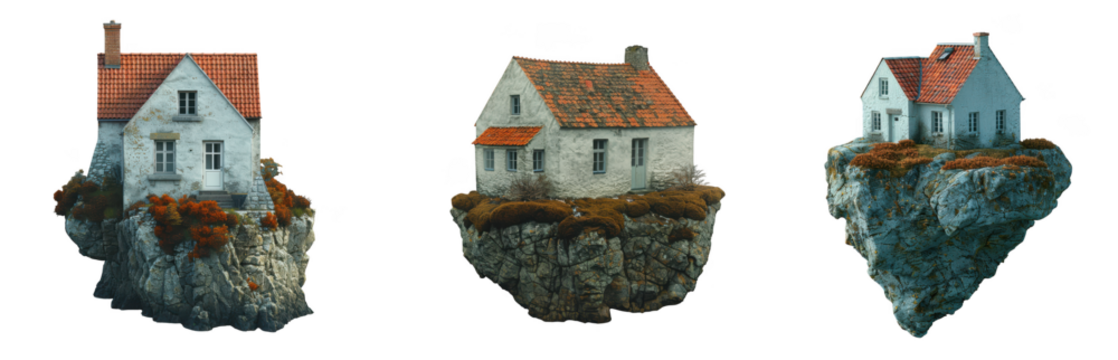 Three miniature houses perched on floating rocks, isolated on transparent background