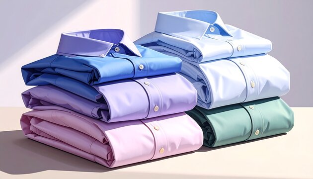 Close-up showcasing stacks of neatly folded, vibrant-colored, button-down shirts. Each shirt has a crisp collar, displaying a spectrum of hues